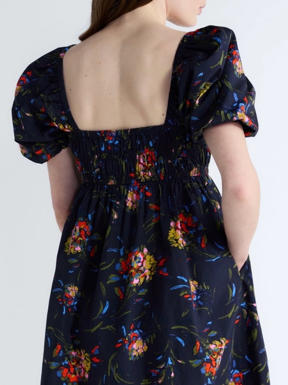 Navy Floral Square-Neck Mini Dress with Smocked Bodice - Picture 2 of 16